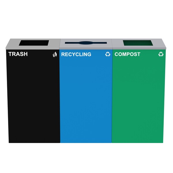 Alpine Industries 87 Gal. 3-Stream Steel Mixed and Open Square Lid Commercial Trash Can and Blue Recycling Station ALP4450-BLK-KIT18 - main